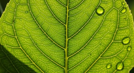 Detailed Macro View: Vibrant Green Leaf with Water Droplets, Nature's Beauty.