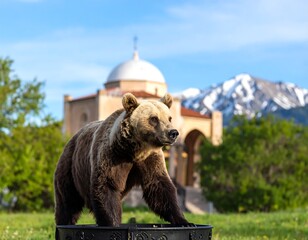 Obraz premium Brown bear in park, with a building in the background