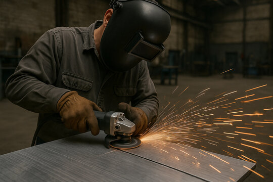 Industrial worker grinding metal plate with sparks in workshop