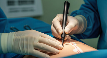 Surgeon or nurse's hands in sterile gloves using a marker to designate a surgical site on a patient's skin