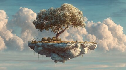 A serene, light-filled image displays a solitary tree on a floating rock island, amidst fluffy clouds, evoking a sense of tranquility and fantasy.