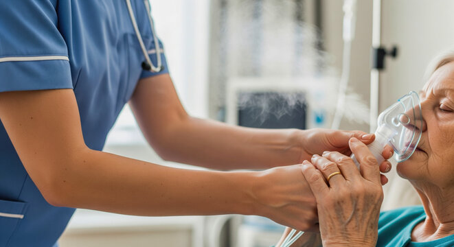 Respiratory therapist or nurse helping an elderly patient use a nebulizer machine for breathing treatment