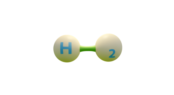 Illustrative H2 molecule showing its structure with hydrogen atom bonding in a minimalist 3D render