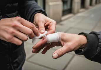 Street nurse's hands cleaning and bandaging the hand of a homeless person showing community outreach