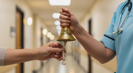 Nurse and a cancer patient's hands ringing the remission bell together to celebrate the end of chemotherapy