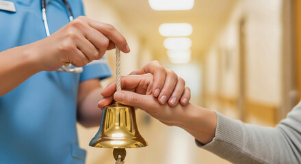 Nurse and a cancer patient's hands ringing the remission bell together to celebrate the end of chemotherapy