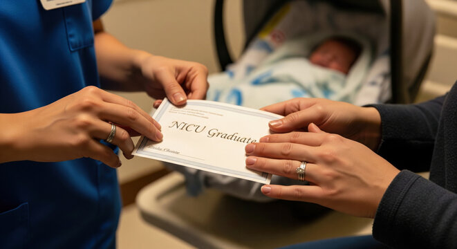Neonatal nurse's hands giving a 'NICU Graduate' certificate to the grateful parents of a premature baby