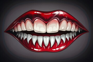 Naklejka premium Glistening red lips reveal sharp jagged teeth in a fierce grin