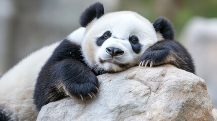 Obraz premium Panda's Peaceful Slumber: A panda is resting peacefully, showcasing its captivating markings and relaxed demeanor, highlighting the tranquility of this gentle giant.