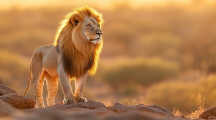 Fototapeta premium Golden Majesty: A regal lion, radiating power and elegance, stands proudly in the warm embrace of a golden sunset, the epitome of the wild king. 