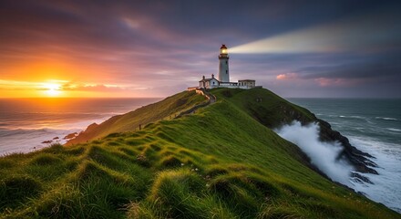 Dramatic Coastal Lighthouse at Sunset: Golden Sky, Crashing Waves, and Powerful Guiding Beam