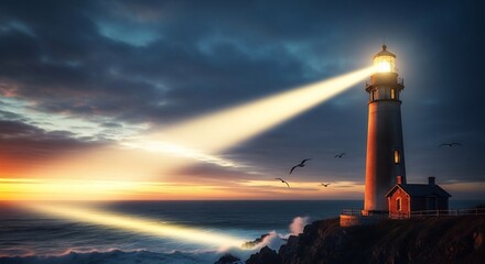 Dramatic Coastal Lighthouse at Sunset: Guiding Light Beam Across Turbulent Ocean Waves