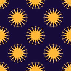 Golden Sunburst Seamless Pattern on Dark Blue Background