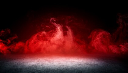 abstract red smoke rising against a black background with a concrete floor in a dark room the empty scene is perfect for product display presentation and studio decoration creating a dramatic and