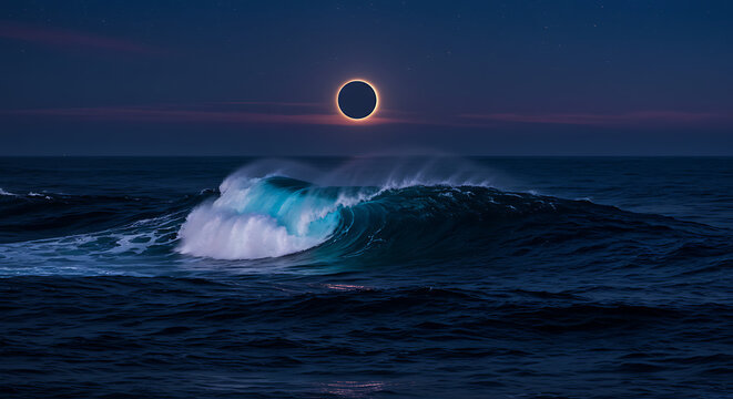 solar eclipse ocean wave background, totality corona seascape wallpaper, celestial nature phenomenon backdrop
