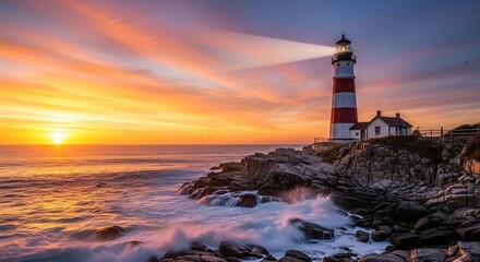Dramatic Lighthouse at Sunset: Coastal Beauty, Guiding Light, Ocean Waves.