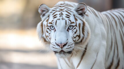 Naklejka premium Majestic White Tiger Portrait: A captivating close-up showcases a pristine white tiger, its piercing blue eyes gazing intently, highlighting its remarkable beauty and the raw power of the wild.