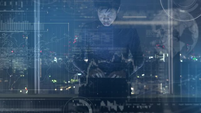 A focused individual analyzes complex data visualizations on a futuristic interface, highlighting the integration of technology and urban life. The scene reflects the growing importance of data in dec