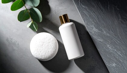 White Bottle and Bath Bomb with Eucalyptus on Concrete Surface