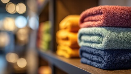 Neatly stacked colorful bath towels on a dark wooden shelf, softly lit, with blurred background suggesting a retail setting
