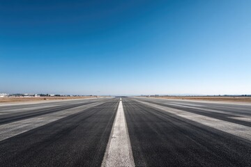 Fototapeta premium Empty airport runway stretches into a clear blue sky
