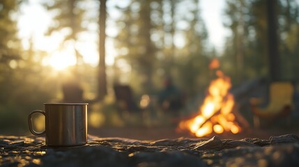 Person holding mug in front of campfire. Real time open video of meal picnic. Campfire with stars and a fire on a campsite. An individual with a mug positioned in front of a campfire lifestyle.