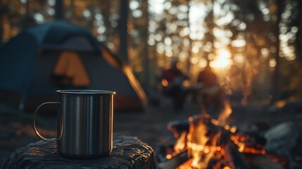 Person holding mug in front of campfire. Real time open video of meal picnic. Campfire with stars and a fire on a campsite. An individual with a mug positioned in front of a lifestyle campfire.