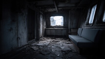 Beautiful photo of horror abandoned ship inside.