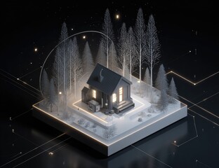 Low-poly isometric rendering of a lit cabin nestled in a snowy, dark forest, subtly illuminated by glowing lines suggesting energy flow