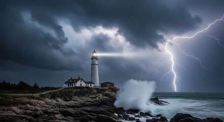 Dramatic Lighthouse Scene: Lightning Strikes, Waves Crash, Stormy Sky