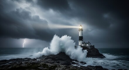 Dramatic Lighthouse Scene: Towering Waves, Lightning, and Stormy Skies
