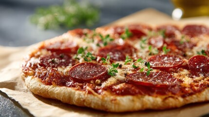 Savour the Slice: A close-up shot of a delectable pepperoni pizza on a rustic parchment, tantalizing the senses with its vibrant hues and tempting aroma.