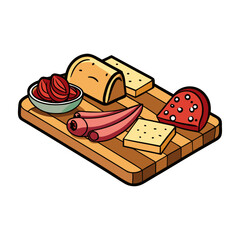 Elegant wooden charcuterie board vector illustration with assorted cheese, cured meats, gourmet snacks, perfect food design for restaurants and branding
