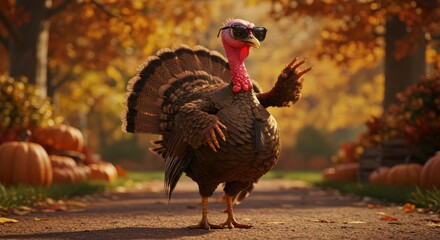 Turkey wearing sunglasses autumnal scene