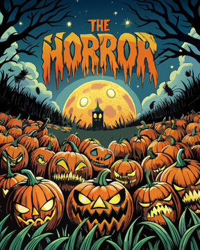 Vintage horror movie poster with scary jack o lanterns, spooky halloween pumpkin patch illustration, creepy night landscape with full moon isolated on Transparent Background