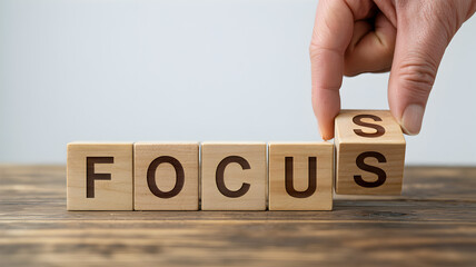 Focus Concept Wooden Blocks With Hand Rearranging Letters Representing Concentration Attention Direction And Motivation