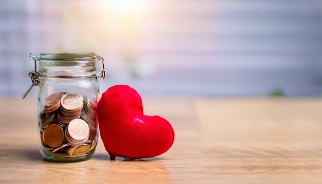 a jar of coins global day of charitable action giving donations give help donations support day with coins jar red heart copy space