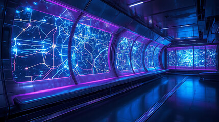 Futuristic corridor with glowing blue network visualizations on curved screens, illuminated by purple and blue lights.