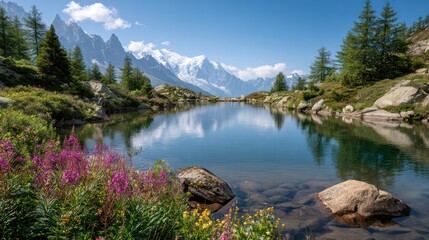 Serene Mountain Lake: A tranquil mountain lake reflects the majestic, snow-capped peaks, framed by verdant trees and colorful wildflowers, offering a vista of untouched natural beauty.