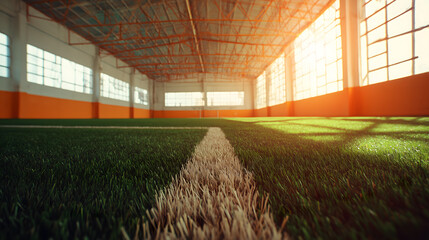 Modern soccer training facility in bright morning light with clean inviting atmosphere. Educational sports environment perfect for youth programs and academic training recruitment.