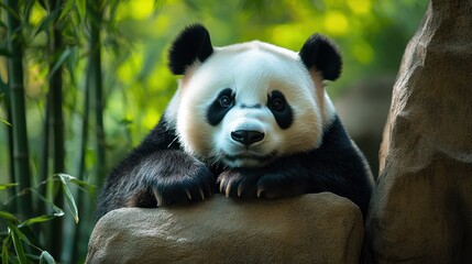 Obraz premium Gentle Panda Poses Serene: A captivating portrait captures the serene essence of a giant panda as it rests gently on a stone. Surrounded by lush bamboo, this image evokes a sense of tranquility.