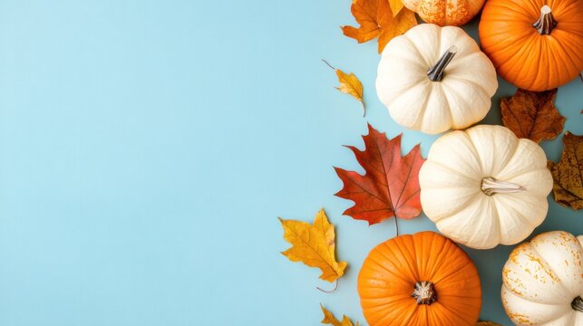 Autumnal Bounty: A colorful assortment of pumpkins, in varying sizes and hues, and fallen leaves create a vivid autumnal arrangement, set against a calming blue backdrop.