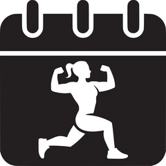 Black calendar icon featuring a white silhouette of a woman flexing in a running position