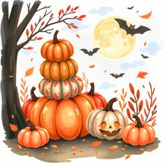 Festive Fall Scene with Colorful Pumpkins and Halloween Elements, halloween watercolor concept.