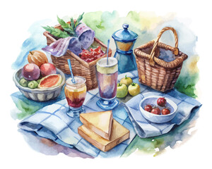 Watercolor picnic sets with food and drinks