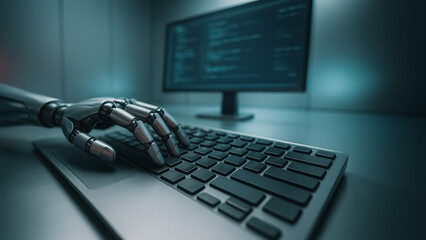 Digital Sentinel: A robotic hand seamlessly integrates with technology, typing on a keyboard in a scene of futuristic data analysis.