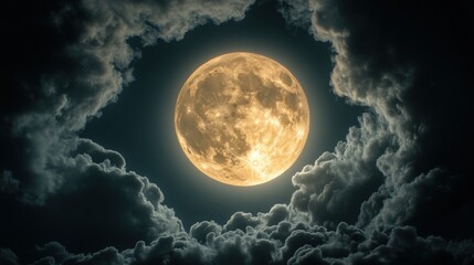 A luminous full moon shines brightly through a swirling, dark cloud formation, creating a dramatic and enchanting night sky.