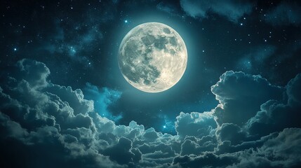 A stunning night sky featuring a luminous full moon surrounded by wispy clouds and twinkling stars, creating a serene and enchanting atmosphere.