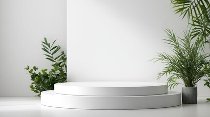 Beautiful photo of minimalist white podium background for e-commerce, green plants, product display, 8k, HD, realistic photography.