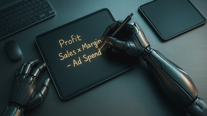 Technological equation on tablet: A futuristic robotic hand meticulously writes profit equation on the screen, showing the cutting-edge technology in business, innovation, and Artificial Intelligence.